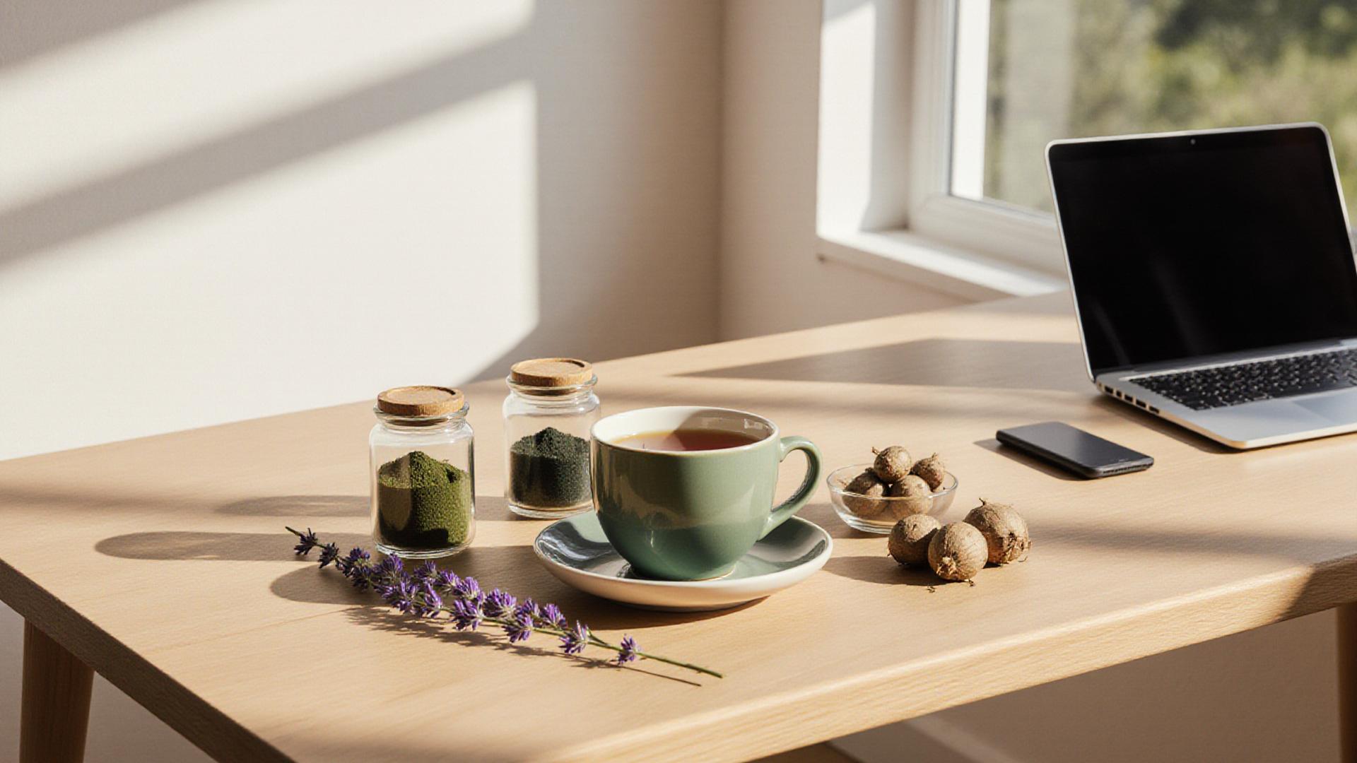 Artisan tea and adaptogenic herbs neatly arranged on a clean work surface