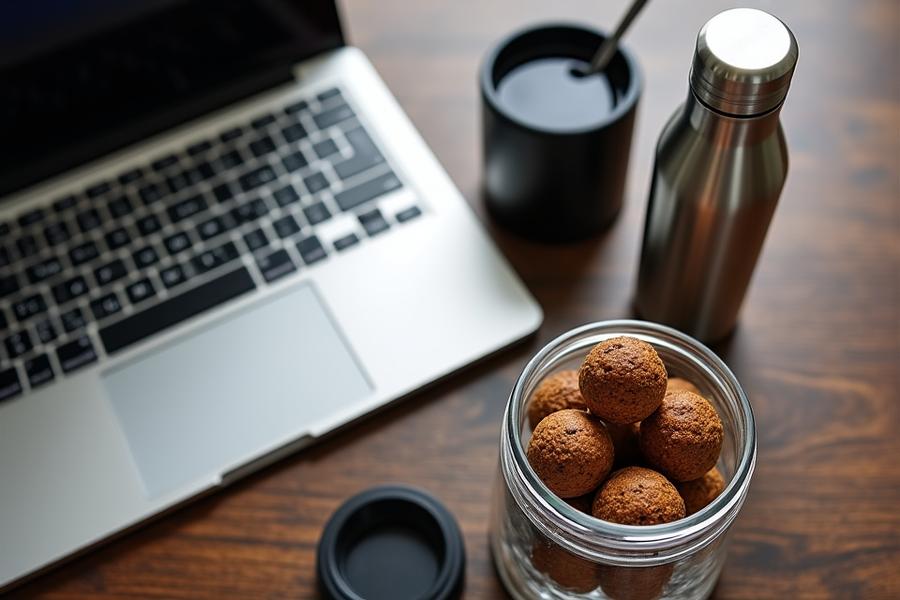 Sleek office desk with healthy vegan snacks