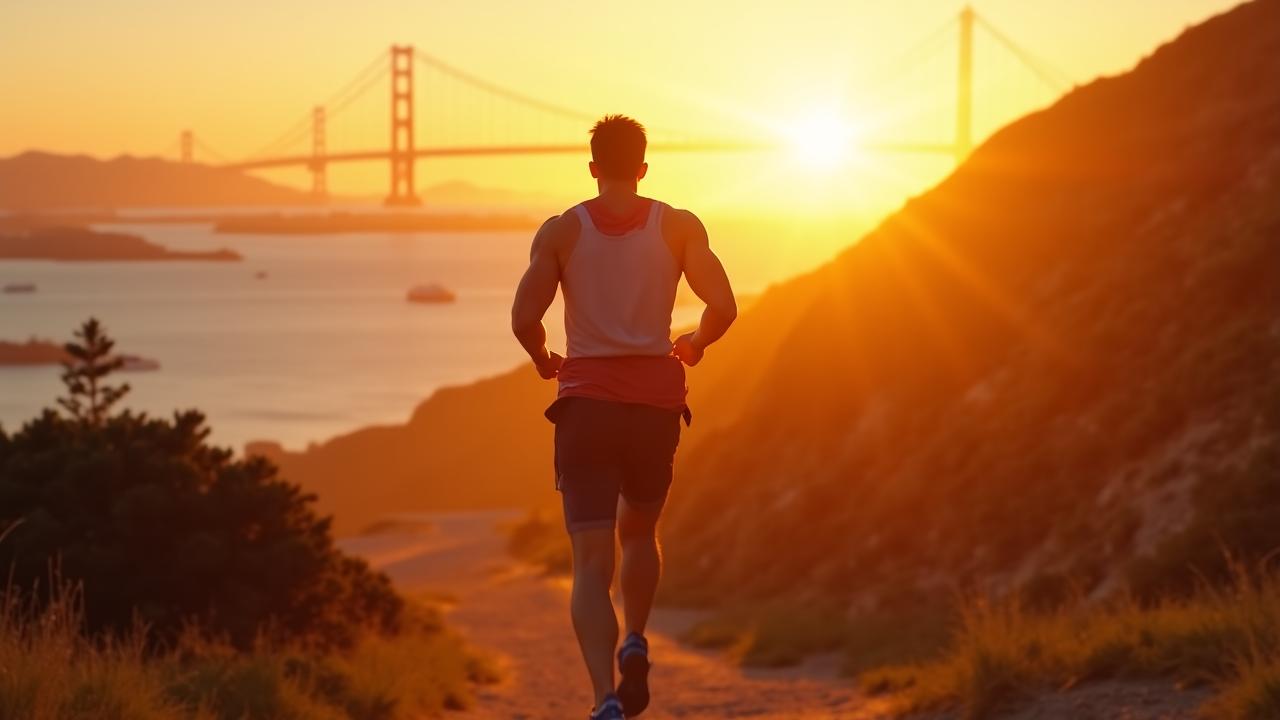 Vegan athlete running in San Francisco hills during sunrise